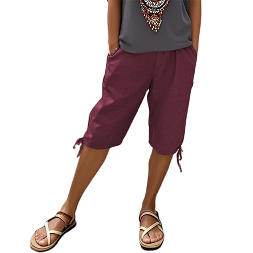 BIBOKAOKE Pantalones de lino para mujer, 1/2 para el tiempo libre, pantalones de verano con cordón y bolsillos, pantalones cortos de colores lisos, pantalones de chándal sueltos, pantalones de playa