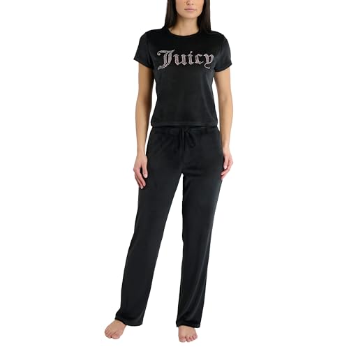 Image of Juicy Couture Women's 2 Piece Velvet Fleece Short Sleeve Shirt and Pants Lounge Sleepwear Set