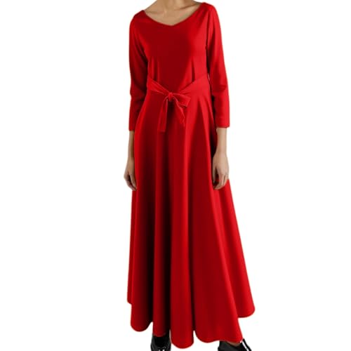 Vestido largo para mujer, cuello en V, vestido vintage para mujer, manga larga, color liso, corte holgado, con cordones, informal, elegante, cómodo, de gran tamaño, vestido de otoño e invierno, ropa