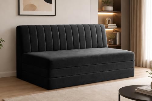 Image of 3-Seater Velvet Sofa Cum Bed | Convertible Sleeper Sofa | Modern Foldable Couch for Living Room, Bedroom & Office | Black