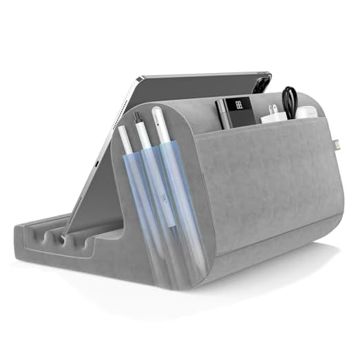 KDD Tablet Pillow Holder, Pillow Soft Pad for Lap, Bed and Desk Tablet Stand Dock with 2 Pocket and 3 Stylus Mount Compatible with iPad Pro 9.7, 10.5,12.9 Air Mini 5 4, Galaxy Tab, E-Reader, Books