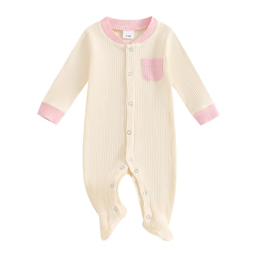 Image of Ursobutegl Newborn Baby Boy Girl Clothes Color Block Footies Romper Bodysuit Jumpsuit Button Footed Coming Home Outfits