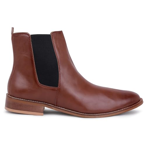 Image of LOZANO Genuine Leather Tan Chelsea Boots for Men | High Ankle Boots, Soft Cushioned Insole, Slip-Resistance, Arch Support & Shock Absorption