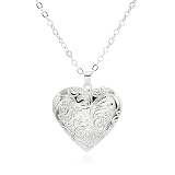 POYAMUSE Heart Locket Necklace for Women, Vintage Brass Locket Pendant - Floral Engraved Design, Heart Shaped Pendant Keepsake Jewelry (N-Silver)