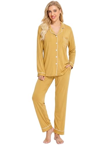 Image of SWOMOG Womens Pajamas Set Long Sleeve Sleepwear Button Down Nightwear Soft Cotton Pj Lounge Sets