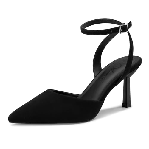 Athlefit Womens Closed Pointed Toe 3 Inch High Heels Ankle Strap Stiletto Heel Wedding Party Dress Pumps Shoes Black Nubuck Size 8 SAPU2602W