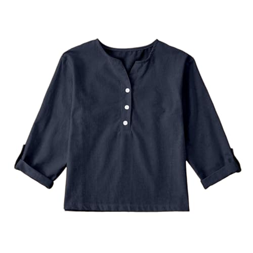 Girls Cotton Linen Shirts Summer Blouse Long Sleeve Kids Unisex Lightweight Henley Tops T Shirt Loose Fit with Pocket