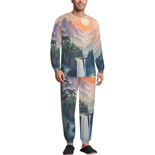 Chinese Landscape Mountain Waterfall Mens Pajamas Set Long Sleeve Sleepwear Pjs Set Shirts And Bottoms Sleep Sets Loungwear