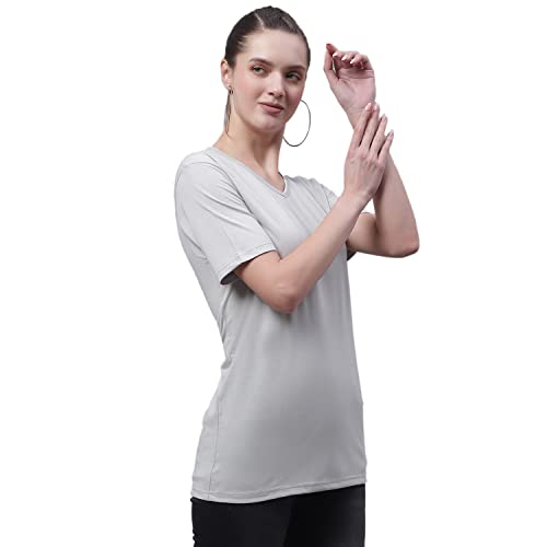 Image of Mack Jonney Women V Neck Cotton Solid Regular Fit T-Shirt-V Anthraa 001-P