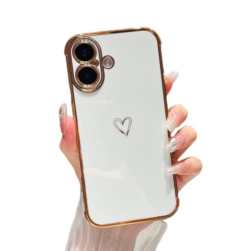 ZTOFERA Designed for iPhone 17 Case 6.3 inch,Cute Plating Edge Love Hearts Pattern with Camera Lens Protection Phone Cover for Girls Women,White