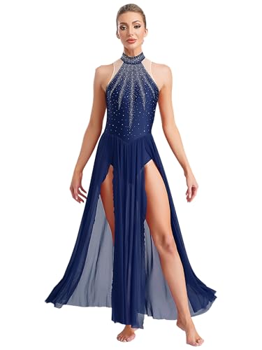 Yhong Vestido Lírico de Danza para Mujer Moderno Contemporáneo Traje de Baile Ballet de Danza con Falda de Envolver Vestido de Danza Contemporáneo Traje de Escenario Moderno, azul marino, S