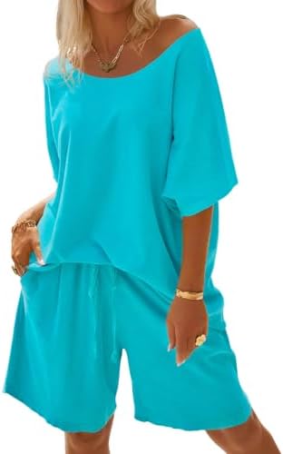 Tankaneo Womens 2 Piece Lounge Sets Short Sleeve Off Shoulder Tops Drawstring Shorts Summer Outfits Pajamas