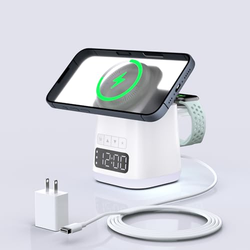 MikoDream Alarm Clock & 3 in 1 Charging Station & Night Light, iphone iwatch wireless charging dock, magsafe phone watch airpod charger stand, travel charger combo for apple & samsung multiple devices