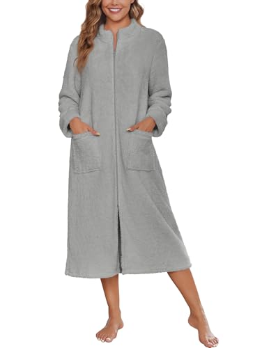 Image of Ekouaer Women Zipper Robe Fleece Long Sleeves Bathrobe Sleepwear Warm Soft Housecoat with Pockets Zip Up House Dresses