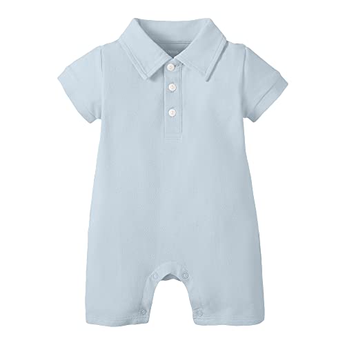 Image of DEFAHN Baby Boy Polo Romper Short Sleeve Solid Bodysuit Jumpsuit Collared Onsies Pique Infant One-Piece Outfit
