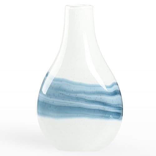 Torre & Tagus Andrea Mouth Blown Glass Vase for Home Decor - 14' Tall Handmade Glass Decor for Centerpiece, Handmade White and Blue Vases for Decor in Living Room, Entryway, Bedroom (14' White Vase)