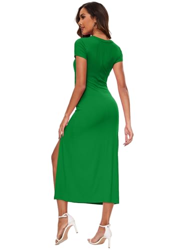 Image of NOVANDO Casual Short Sleeve Ruched Cotton Bodycon Midi Dress for Women 2024 Summer Crew Neck Party Club T Shirt Dress