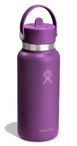 Image of Hydro Flask Water Bottle - Insulated Stainless Steel - Wide Mouth Flex Straw Lid, Non Spill, Leakproof and Refillable in 32 Oz Beachplum Purple