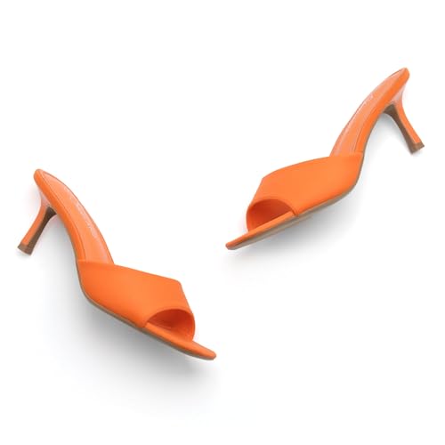 Image of Shoe Land Women's Low Heels Stiletto Heeled Slides, Open Toe One Band Slip-On Heeled Mules - Dressy Heeled Sandals for Prom, Party Wedding and Vacation