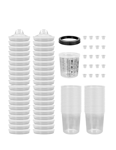Image of KREFINISH Disposable Paint Sprayer Mixing Cup Liners and Lid System for HVLP Spray Gun,Car Paint Gun 20 Ounce(600ml)Kit with 40 Cups Liners,40 Lids with Strainer,1 Hard Cup with Retainer Ring,20 Plugs
