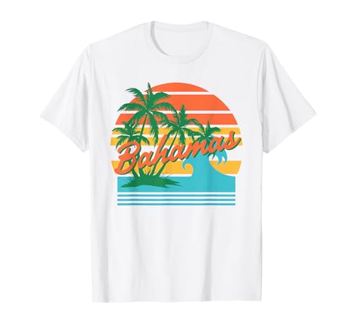 Bahamas Vacaciones Retro Atardecer Tropical Playa Palmeras Camiseta