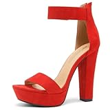 Shoe Land Chunky Platform Heels for Women – 4 Inch Block Heeled Sandals with Ankle Strap, Open Toe Dressy Strappy High Heels for Wedding, Party & Formal Events, 1901Red, Size 10.0, SL-Cutesy