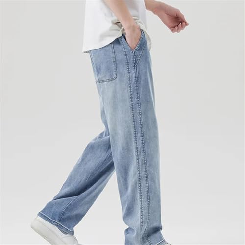 Men's Summer Thin Denim Jeans Loose Fit Straight Leg Elastic Waist Casual Long Pants Plus Size3