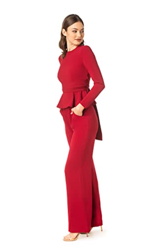 Dress The Population Women's Andreas Peplum Top, Wide Leg Pant, Two-Piece Set, Garnet, Medium #TOP1