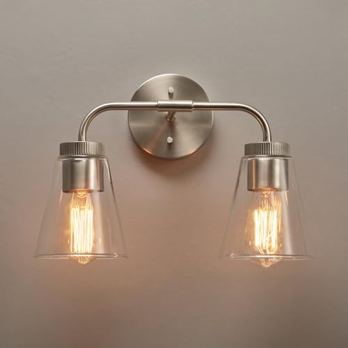 Image of Globe Electric 2-Light Vanity Light, Brushed Nickel Finish, Clear Glass Shades