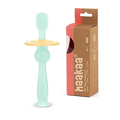Haakaa 360° Brosse à Dent Bebe 100% en Silicone 6 Mois +, Base d'Aspiration Ensemble, aussi Jouet Dentition Bébé ( Bleu )
