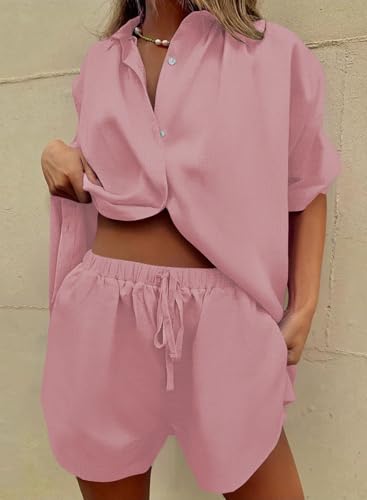Image of Fixmatti Women 2 Piece Outfits Long Sleeve Button Down Blouse and Shorts Sweatsuit Sets