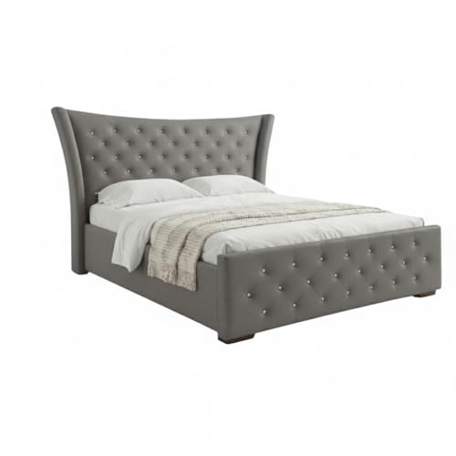 Image of Pearl Upholstered Queen Size Bed with Box Storage for Bedroom | Elegant Wooden Double Bed with Storage | Platform Cot Palang with Tufted Headboard | 6.5 x 5 Ft | Sheesham Wood | Grey