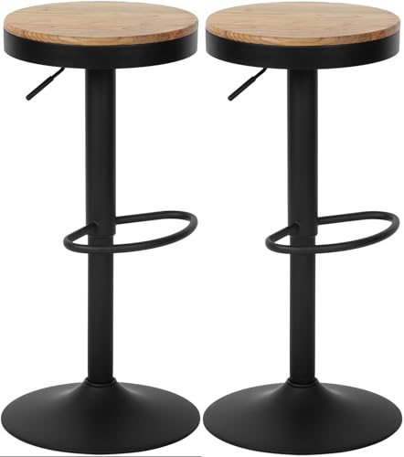 CLP Tabourets de Bar Ensemble de 2, Pitas en Orme, avec Repose-Pieds, Ajustable en Hauteur et pivotant, supporte jusqu'à 130kg, Couleur:Nature