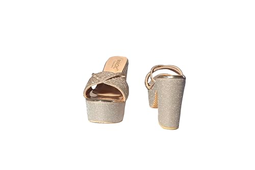 Image of Women's Stylish Platform Block Heel Sandals with Glitter Finish, Cross Strap Design, Cushioned Insole & Slip-On Comfort - Perfect for Weddings, Receptions, Festive & Evening