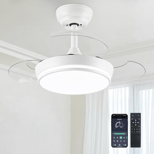 STERREN 30 Retractable Ceiling Fans with Lights Dimmable LED Ceiling Fan Remote Control Modern Small Fan Light for Bedroom Living Room Dinning Room Kitchen 3000K-6500K 6 Speed (White)