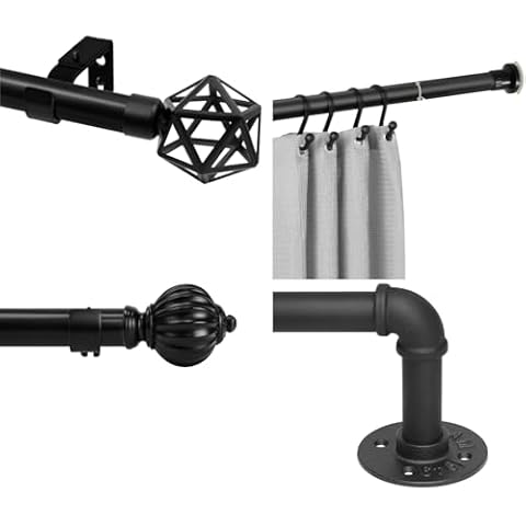 Refrze Black Curtain Rods for Windows 28-150 lnch, Adjustable Industrial Curtain Rods Heavy Duty Tension Shower Curtain Rods for Bathroom,Living Room, Outdoor Curtain Rods for Patio Cover