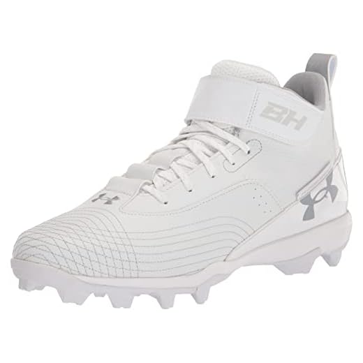 Under Armour Men's Harper 7 Mid Rubber Molded Baseball Cleat Shoe, (100) White/White/Mod Gray, 7