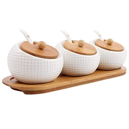 Agabani Pots Condiment Céramique Ensemble 3 Couvercles Bambou Cuillère Cuisine