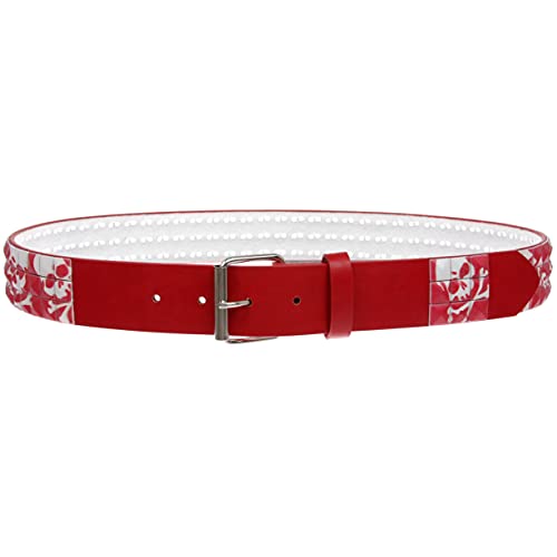 Snap On 1 1/2" Skull & Cross Bone Printed Punk Rock Studded Belt, Red | L - 38" #TOP1