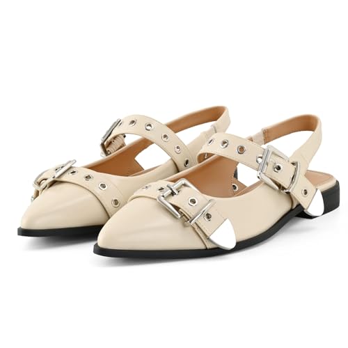 Women's Buckle Ballet Flats Pointed Closed Toe Slingback Shoes with Low Heel Comfortable Dress Flats3