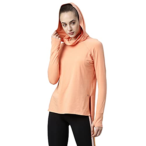 Image of Enamor Women Cotton A302 Quick Dry 4 Way Stretch Anti-Odour Sweat Wicking Hooded Neck and Adjustable in-Built Mask Long Sleeve Relaxed Fit T-Shirt