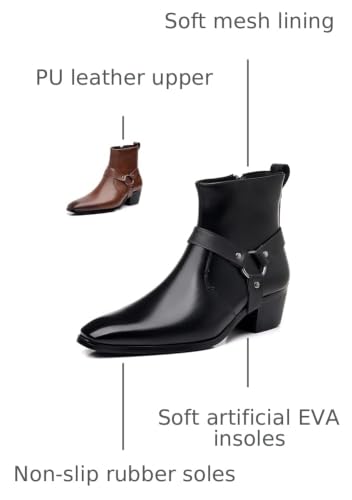 Image of Men's Leather Chunky Heel Dress Chelsea Boots with Three Prong Buckle Fashion Classic Cap Toe Side Zipper High Heel High Top Formal Oxford Shoes Casual Business Wedding Chukka Booties