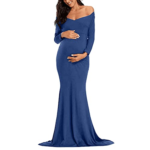 Vestido de maternidad para sesión de fotos, hombros descubiertos, manga larga, vestido de embarazo, elegante vestido largo de sirena, apto para baby shower o fotografía, azul, L