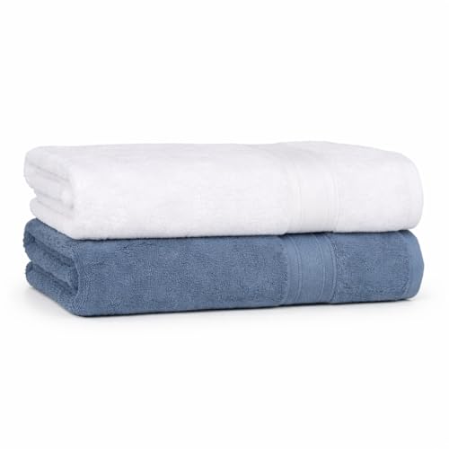 Image of Arvind 100% Cotton Towels for Bath | Towels for Bath Large Size | 500 GSM Bath Towel - Soft & Absorbent | 2 Piece Bath Towel for Men /Women | Urban Comfort | 70 cm x 140 cm - Dark Blue & White