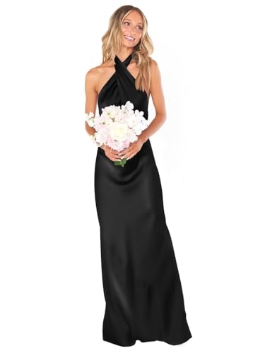 Women’s Halter Satin Bridesmaid Dress for Wedding 2025 Open Back Party Gown Long Maxi Formal Prom Dress