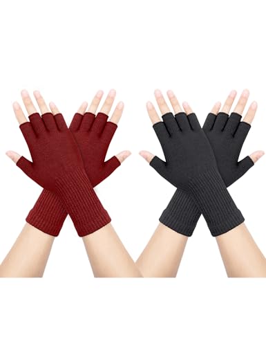 Kiiwah 2 Paar Unisex Handschuhe Fingerlose Dehnbar Fingerhandschuhe Ohne Fingerkuppen Half Finger Strickhandschuhe Verlängern Handgelenk Handschuhe Winter für Damen Herren