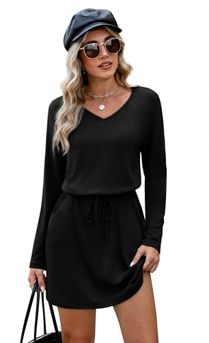 OFEEFAN Fall Dresses for Women 2025 Loose V Neck Long Sleeve T Shirts Casual Sundresses Tie Front A-Line Dresses3