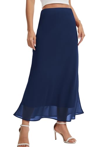 VIISHOW Women's Chiffon Maxi Skirt Elastic High Waist Flowy Midi Skirts with Lining Modest Teacher Outfits Business Casual Skirt,Navy Blue,Medium