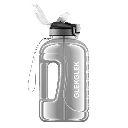 GLEKGLEK Botella Agua Gimnasio a Prueba de Fugas, Botella Agua 2 Litros con Pajita, sin BPA, para Entrenamientos, Senderismo, Oficina y Camping (Gris)