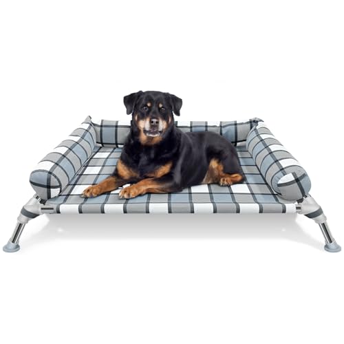 Caghash Elevated Raised Lifted Dog Bed Elevated Dogs Cot with Guardrail & Cushion Mat Outdoor Raised...